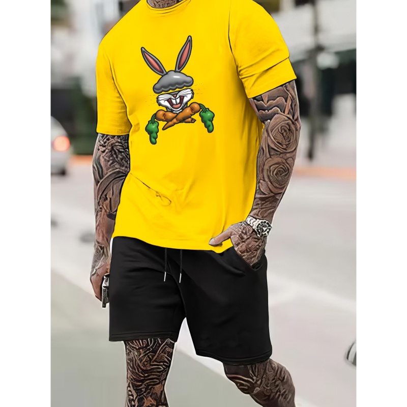 

Embossed Rabbit And Carrots Print, Men’s Casual 2 Piece Outfit Sets, T-shirt Tops Drawstring Lounge Shorts, Loungewear Or Tracksuit, For Summer