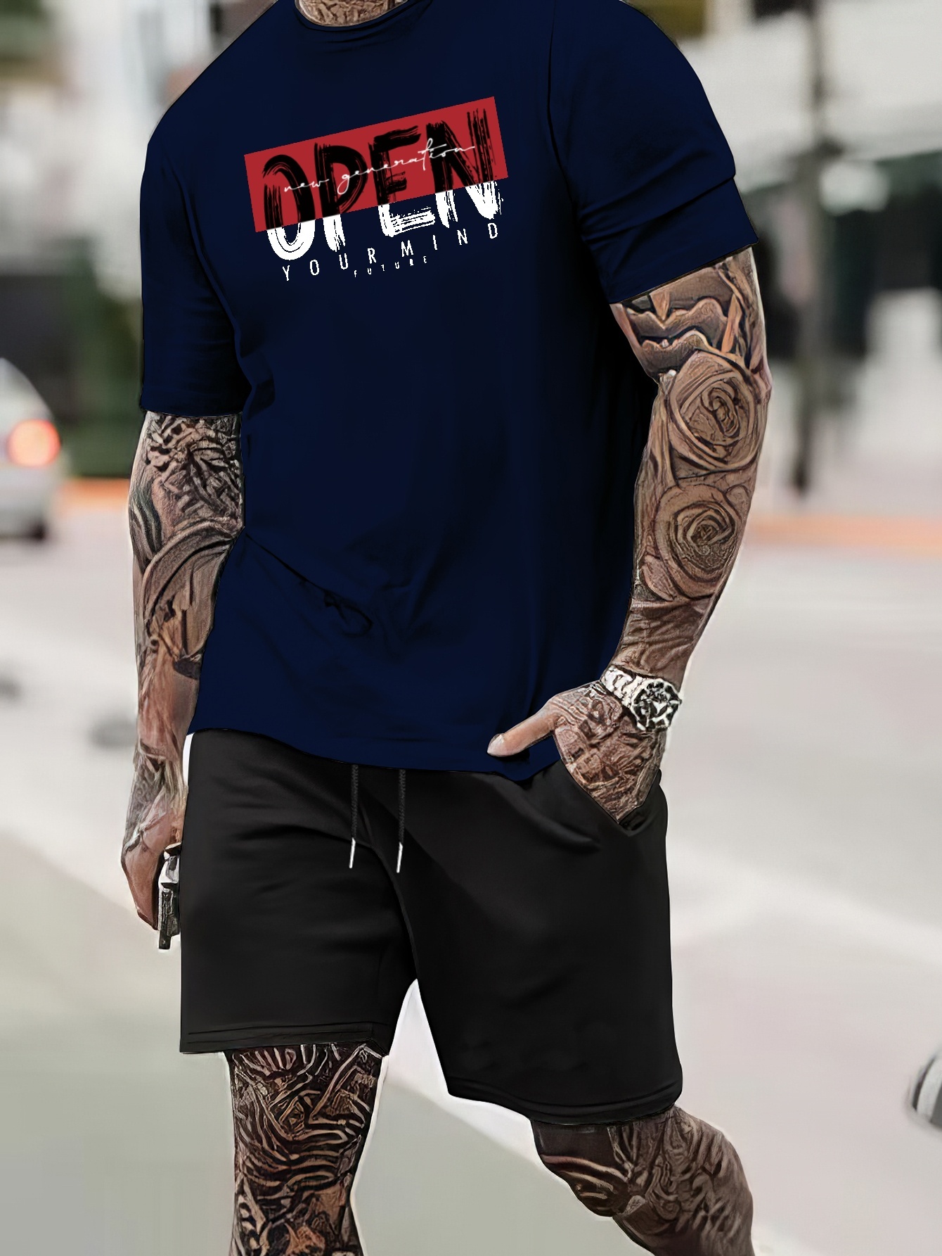 Men's 2 Piece Trend ''Open'' Letter Graphic Short Sleeve T Shirt And  Drawstring Track Shorts Set Holiday Lounge Sports Leisure Casual Suit