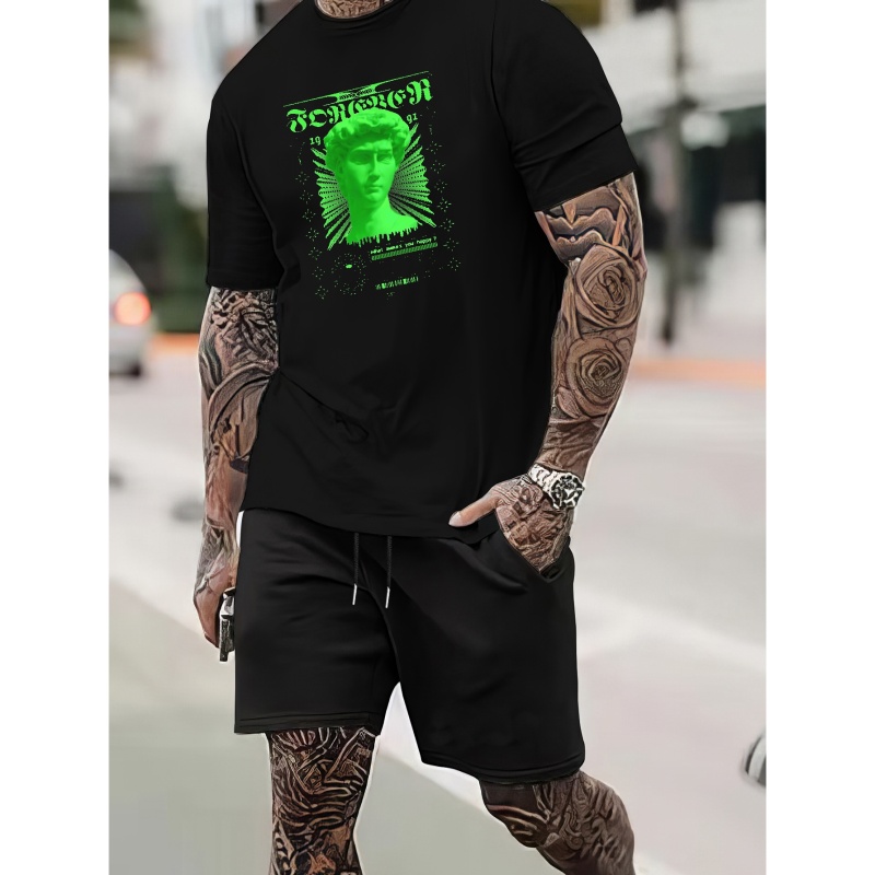

Fluorescent Green Head Statue Print, Men’s Casual 2 Piece Outfit Sets, T-shirt Tops Drawstring Lounge Shorts, Loungewear Or Tracksuit, For Summer