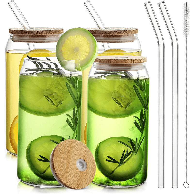 6 Pcs Drinking Glasses with Bamboo Lids and Glass Straw - 16  Oz Can Shaped Glass Cups for Beer, Ice Coffee, Cute Tumbler Cup Great for  Soda Boba Tea Cocktail