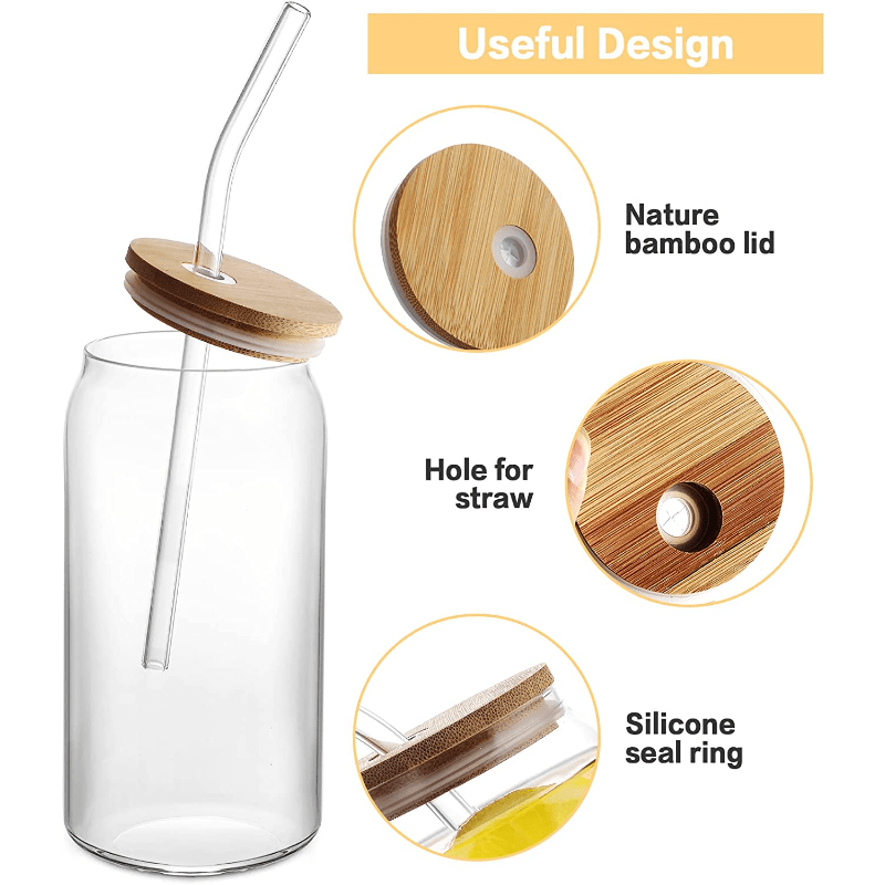 Drinking Glasses with Bamboo Lids and Glass Straw 4pcs Set -  16oz Can Shaped Cups, Beer Glasses, Iced Coffee Cute Tumbler Cup, Ideal for  Cocktail, Whiskey, Gift 2 Cleaning Brushes