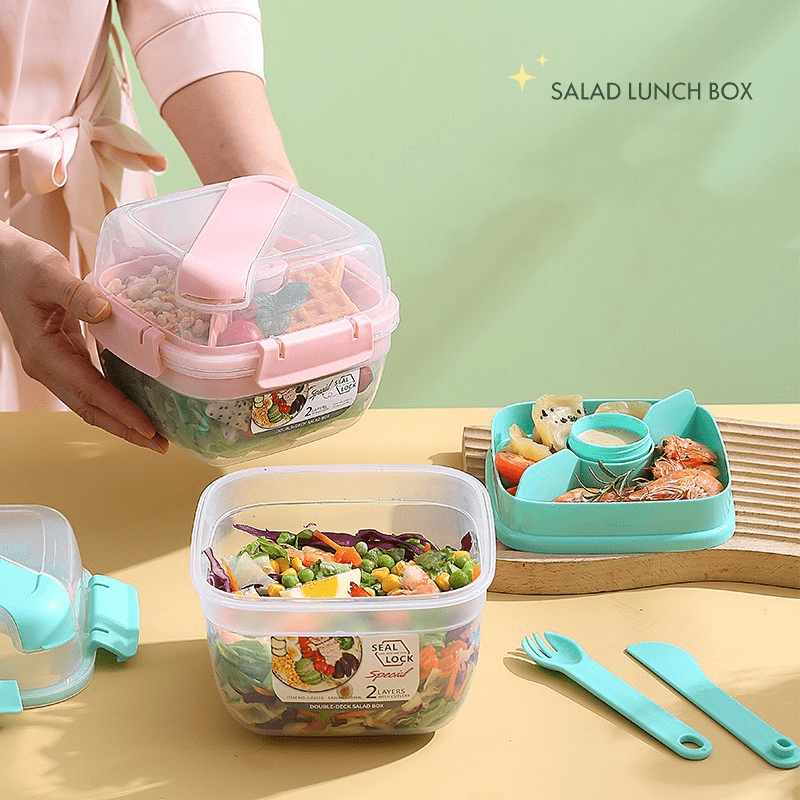 2 Layer Bento Lunch Box Salad Container Leak Proof Salad Dressing Container
