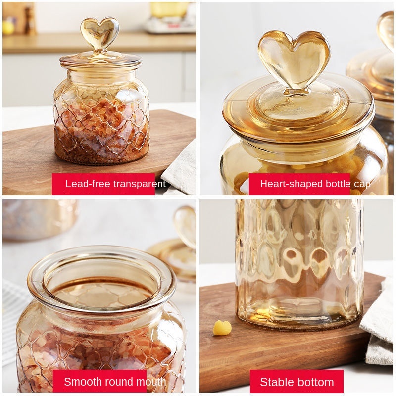 Glass Jar With Airtight Lid, Creative Storage Container, Heart Shaped Cap,  Amber Glass Bottle, 1 Jar + 1 Cap