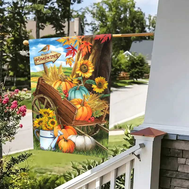 1pc bountiful cornucopia autumn garden flag double sided garden flag fall fruit flowers pumpkins sunflowers watering can yard outside decorations outdoor small decor no flagpole 12x18in details 3