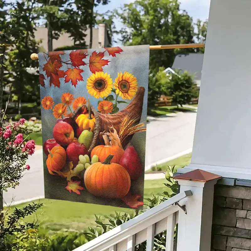 1pc bountiful cornucopia autumn garden flag double sided garden flag fall fruit flowers pumpkins sunflowers watering can yard outside decorations outdoor small decor no flagpole 12x18in details 6
