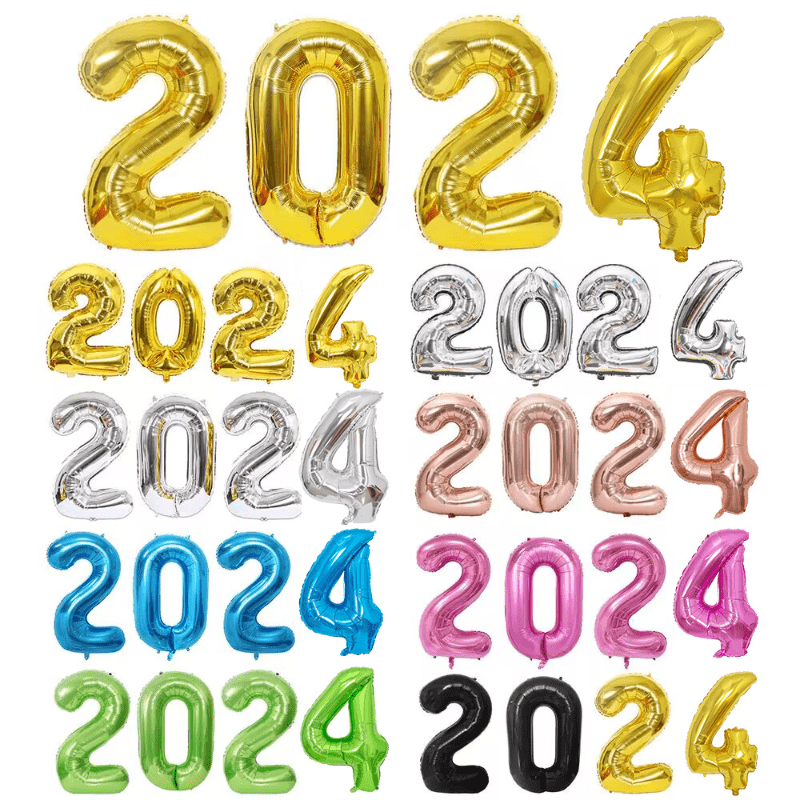 Happy New Year 2024 Foil Balloons Golden Silvery Number - Temu