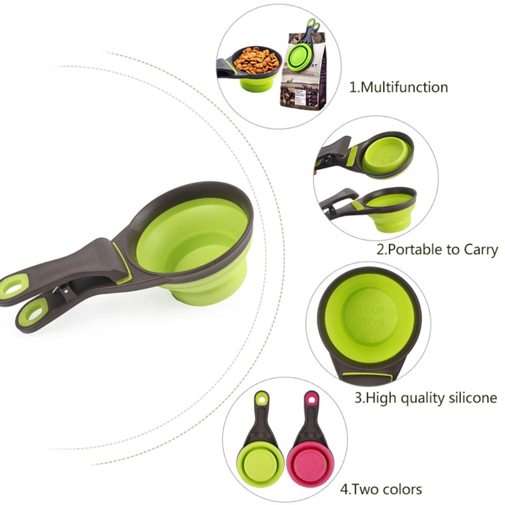 Collapsible Pet Scoop Silicone Measuring Cups Set Sealing Clip 3 In 1  Multi-function Set Of 2