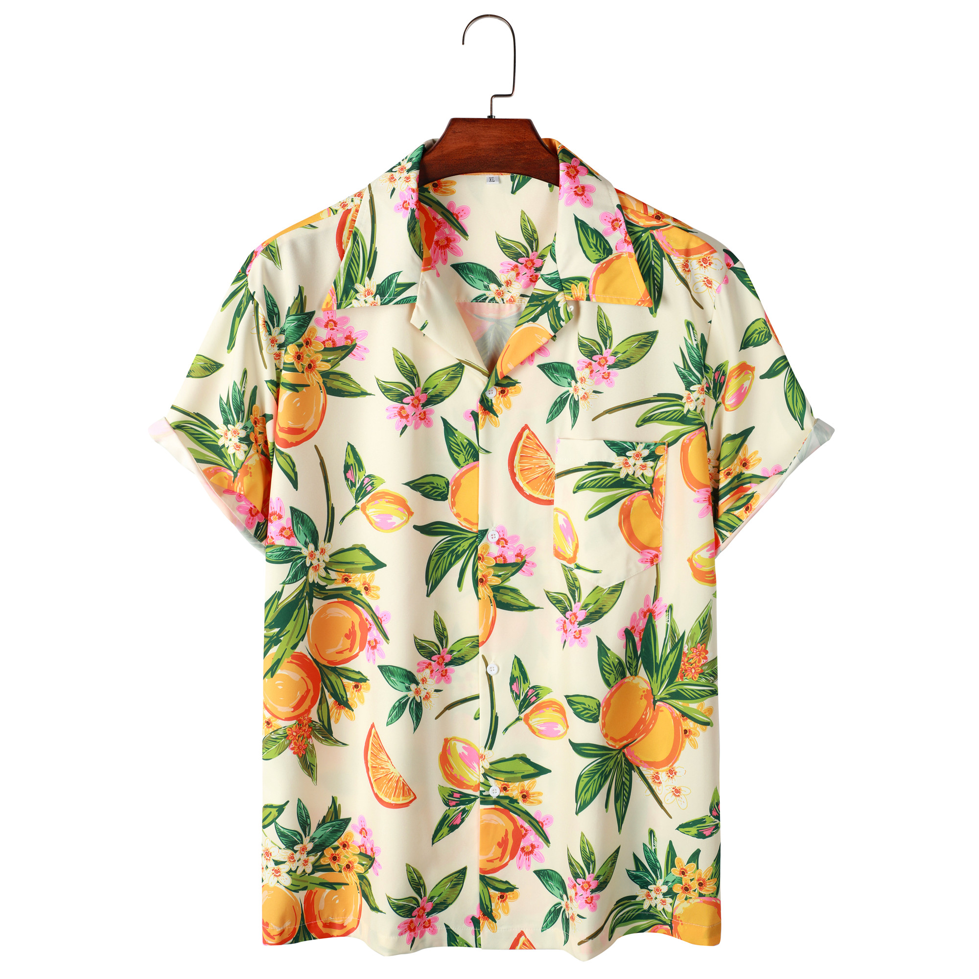 

Orange Print Men's Casual Short Sleeve Hawaiian Shirt With Chest Pocket, Men's Shirt For Summer Vacation Resort, Tops For Men