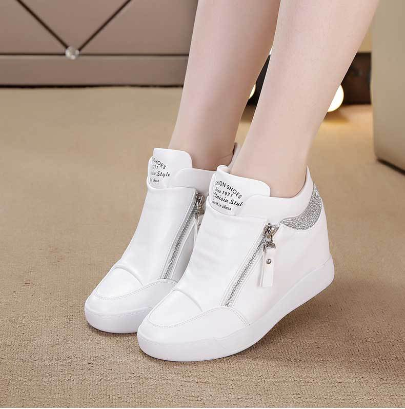 Women's White Wedge Sneaker High Heel Rhinestone High Top Zipper