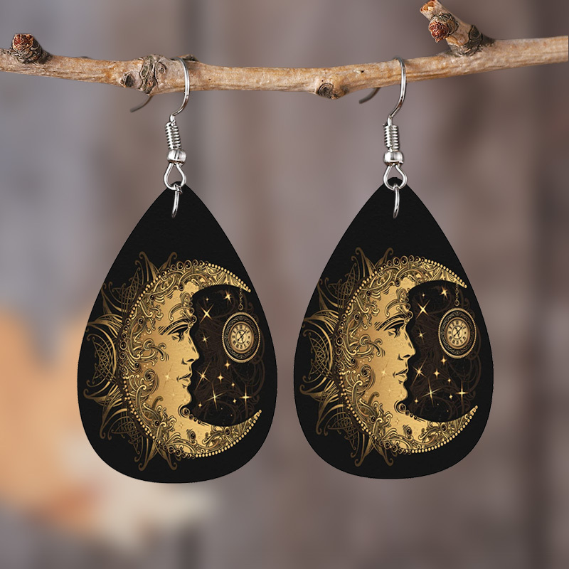 Alchemy Moon Sun Print Black Teardrop Dangle Earrings Ethnic