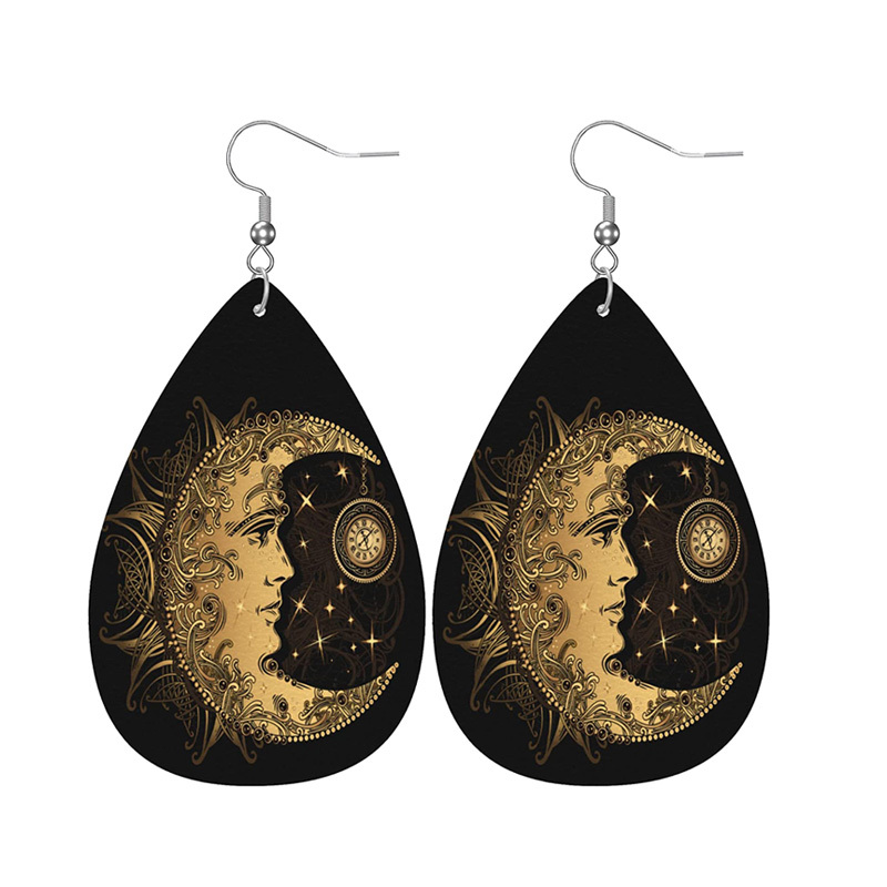 Alchemy Moon Sun Print Black Teardrop Dangle Earrings Ethnic