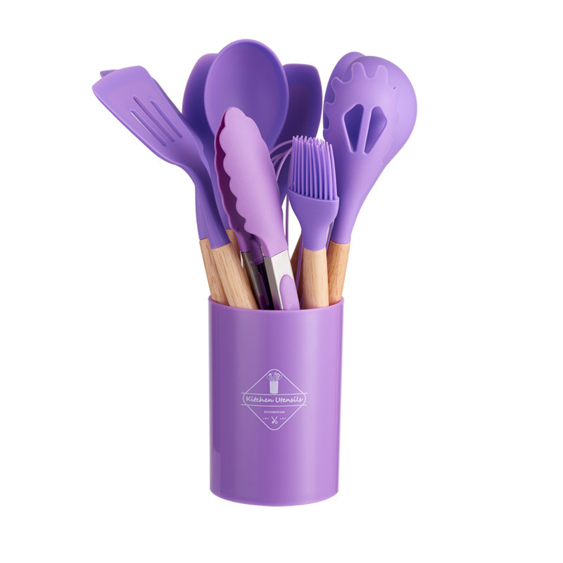 14 Pcs Silicone Cooking Kitchen Utensils Set with Holder, Wooden Handles  BPA Free Silicone Turner Tongs Spatula Spoon Kitchen Gadgets Utensil Set  for