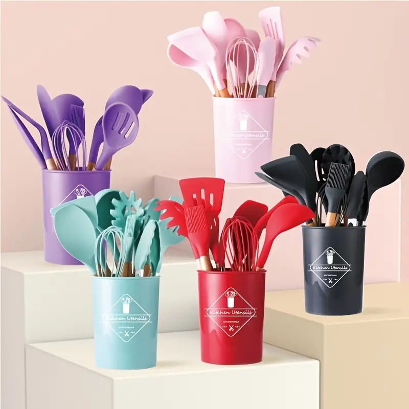 Kitchen Silicone Utensil Set, 13 Pcs Full Silicone Handle Heat Resistant Cooking  Utensils BPA Free, Non Toxic Non-stick Cookware Turner, Tongs, Spatula,  Spoon, Brush Sets with Holder, Black 