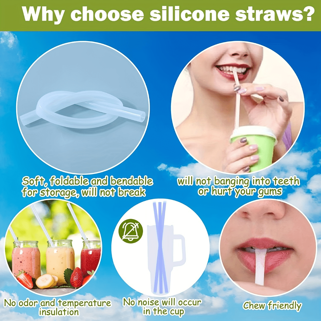 6pcs Colorful Reusable Silicone Straws & Cleaning Brush Set
