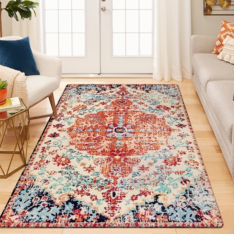 Teal Pink Multicolour Distressed Boho Living Room Rug Washable Non