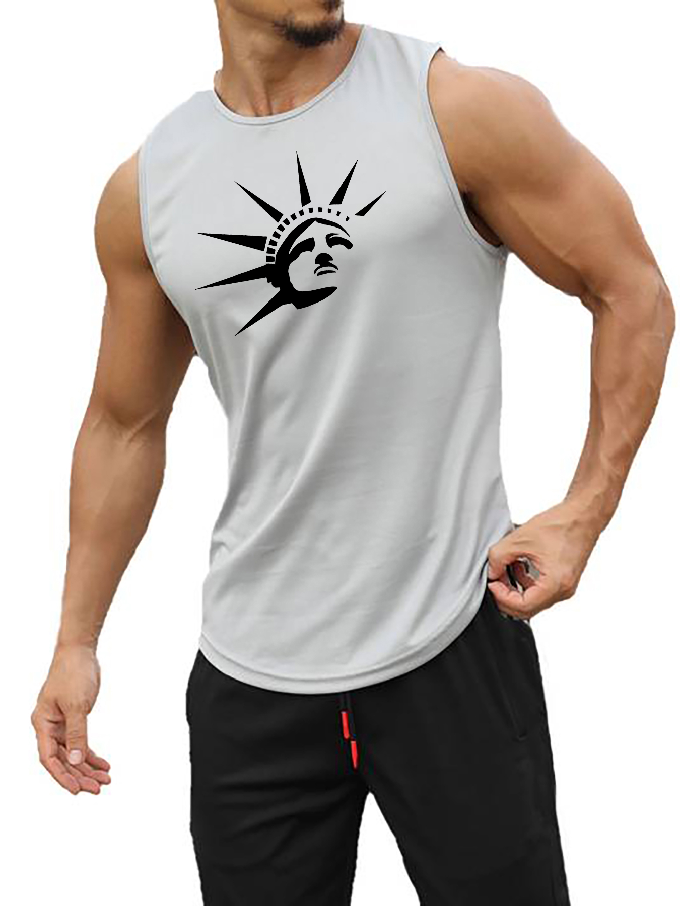 Print Crew Neck Slight Stretch Tank Top, Cami Top, Men's Sports Summer Gym Statue of Liberty Dry Fit Sleeveless Active Workout The Bodybuilding and