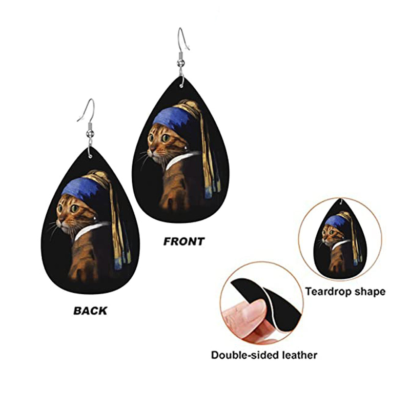 Women's Cat Halloween PU Leather Teardrop Dangle Earrings