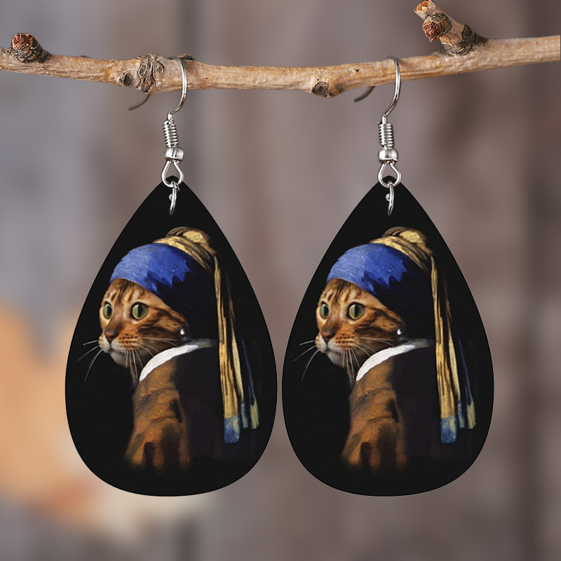 Women's Cat Halloween PU Leather Teardrop Dangle Earrings