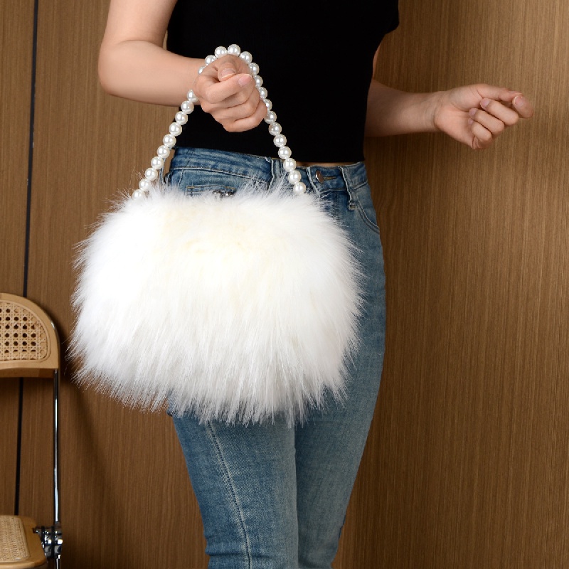 White Faux Fur Hand Purse Pompom Shoulder Handbags