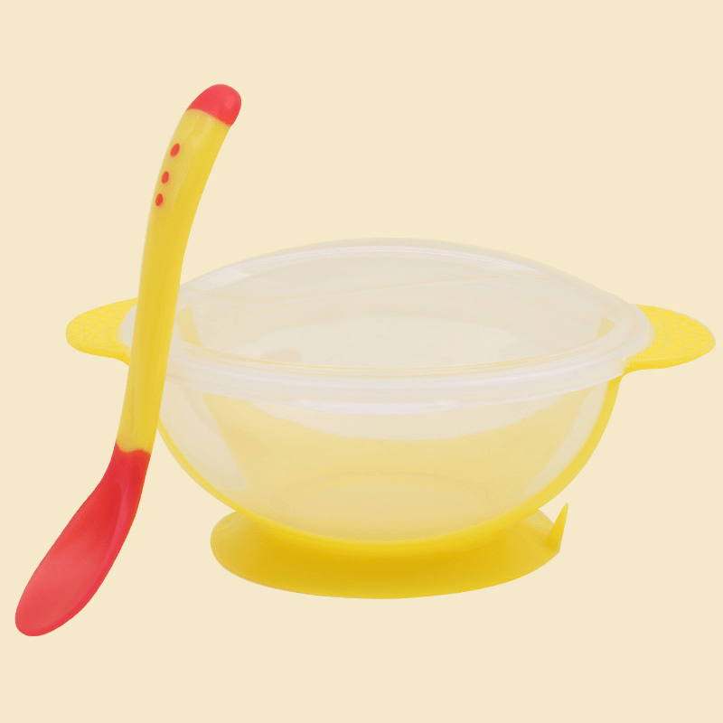 Baby Kids Feeding Suction Bowl Temperature Sensing Spoon Child Tableware Set, Yellow