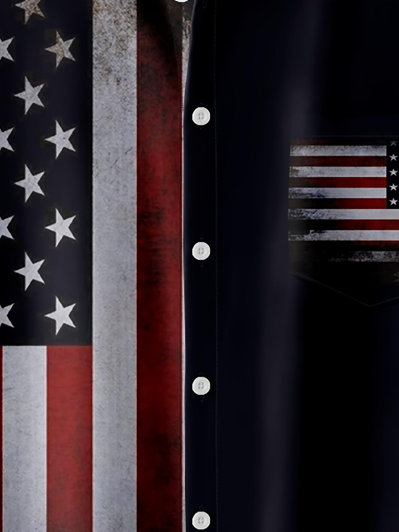 Men'S Casual Polyester Shirt with American Flag Print, Button Front, Lapel Collar, Regular Fit, Woven Fabric, Spring/Summer Top - 100% Polyester, 110gsm, Plus Size