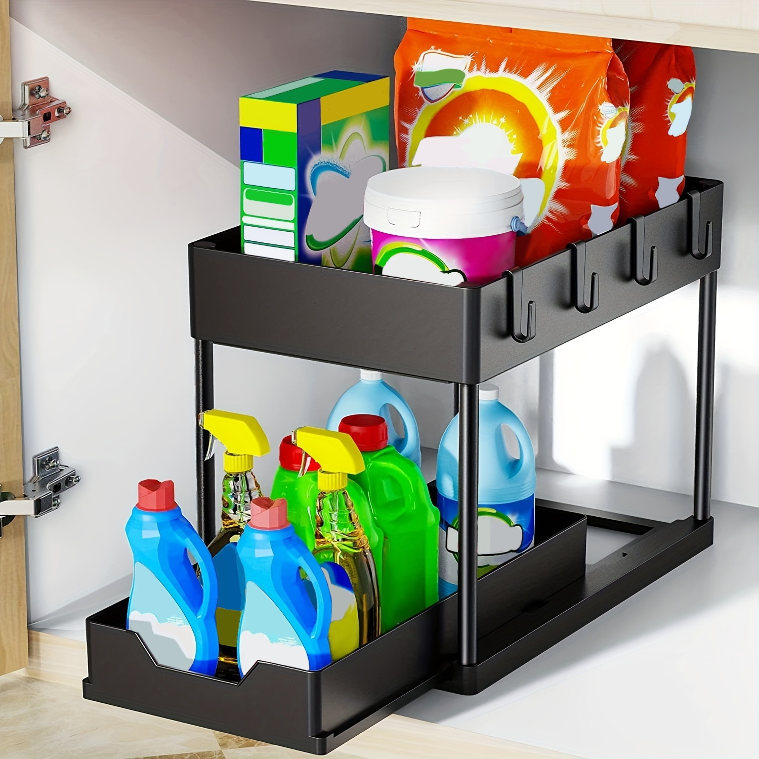 2-tier Sliding Under Sink Organizer With 4 Hooks - Keep Your Kitchen And  Bathroom Clutter-free - Temu