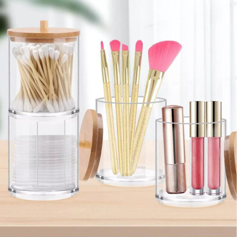 1pc Clear Makeup Puff Storage Container With Bamboo Lid, Organizer