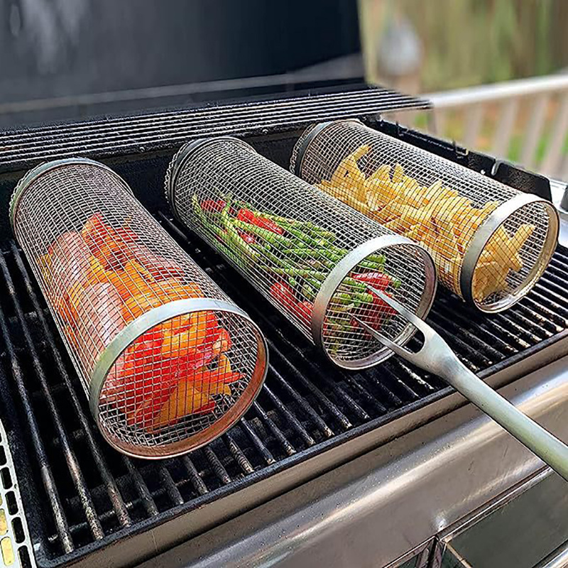 Outdoor Rolling Grilling Bbq Basket, Stainless Steel Leakproof