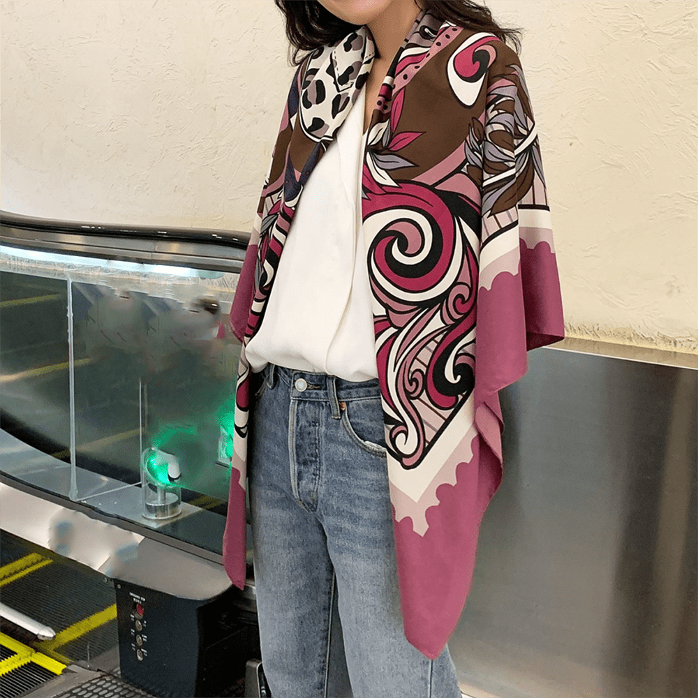 Print Twill Silk Square Scarf Windproof Large Shawl