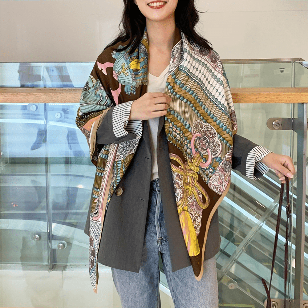 Print Twill Silk Square Scarf Windproof Large Shawl