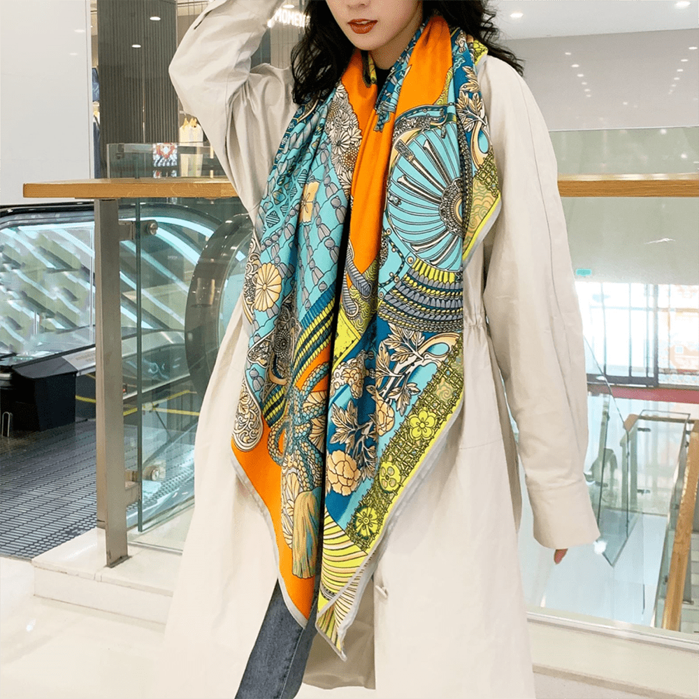 Print Twill Silk Square Scarf Windproof Large Shawl