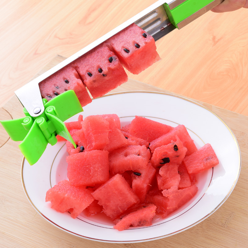 Watermelon slicer cutter Windmill Auto Stainless Steel Melon Cuber Knife  Corer Fruit Vegetable Tools Kitchen Gadgets (Green)