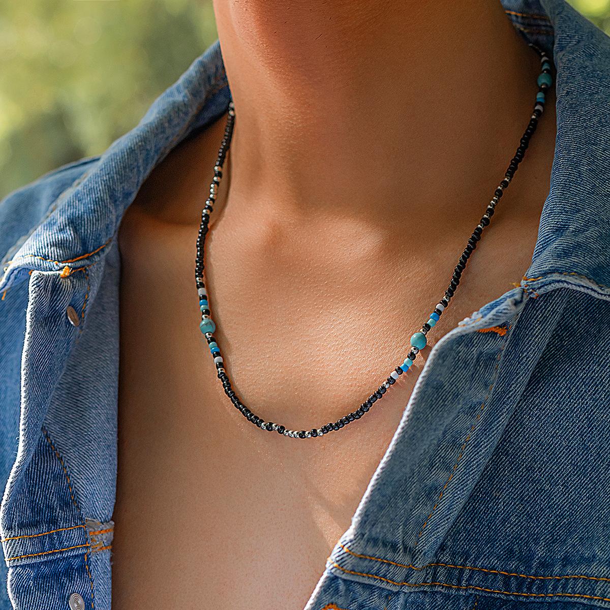 1pc Bohemian Bead Necklace Men's Trendy High-end Stitching Turquoise  Clavicle Chain Simple Men's Jewelry