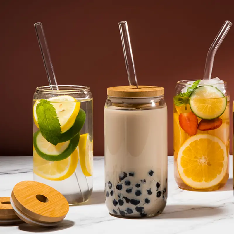 Drinking Glasses With Bamboo Lids And Glass Straws, Can Shaped