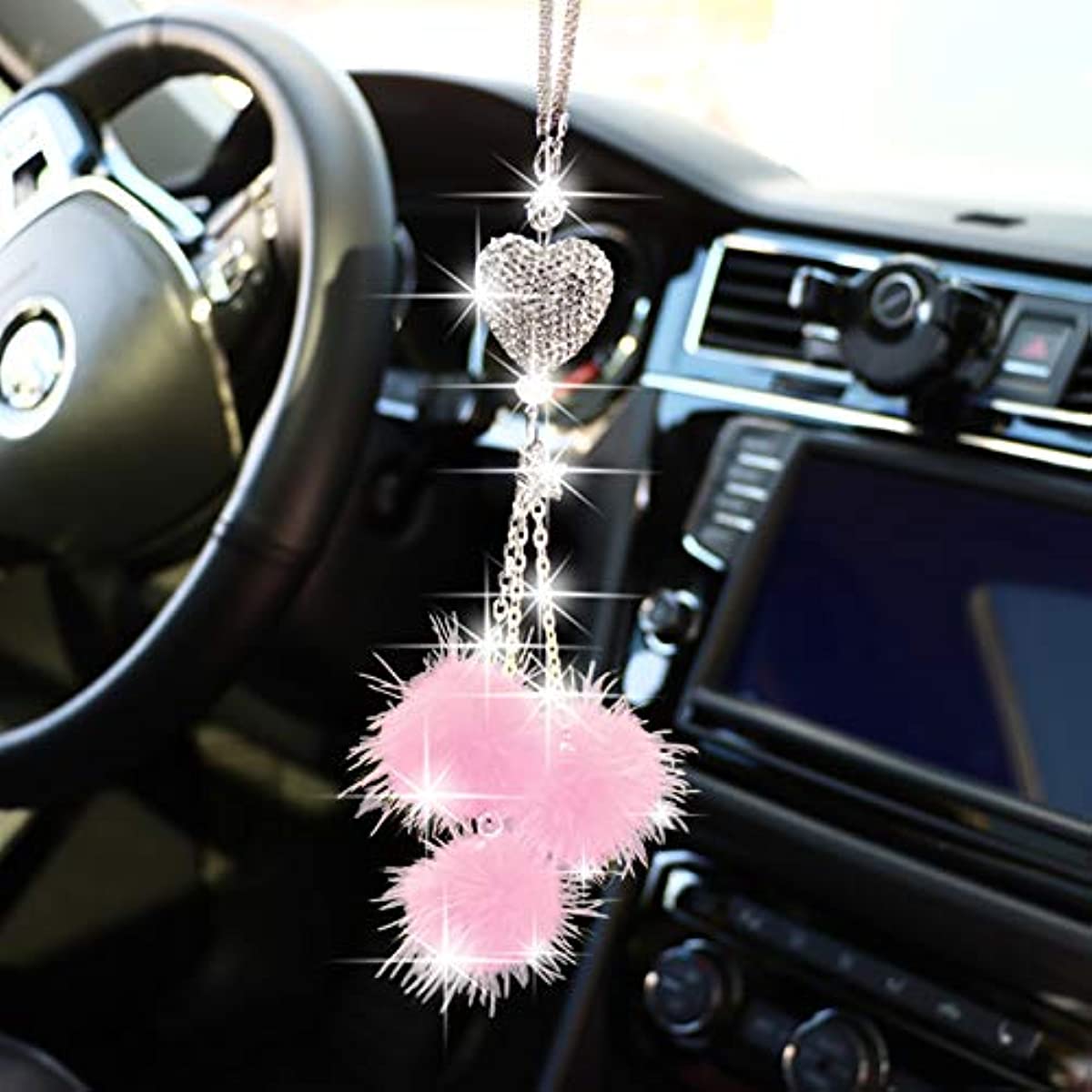Car Bling Rear View Mirror Hanging Accessories for Women & Men, Rhinestones  Diamond Love Heart and Red Plush Ball Crystal Sun Catcher Lucky Ornament  Chain, Car Chandelier, Bling Car Charm 