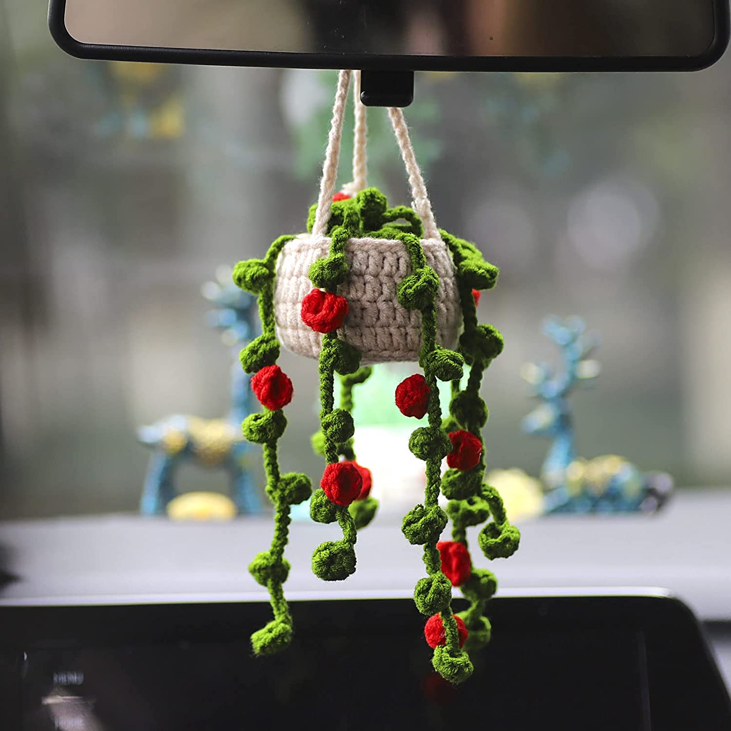 Handmade Knitted Car Mirror Hanging Accessories Cute Potted Plants
