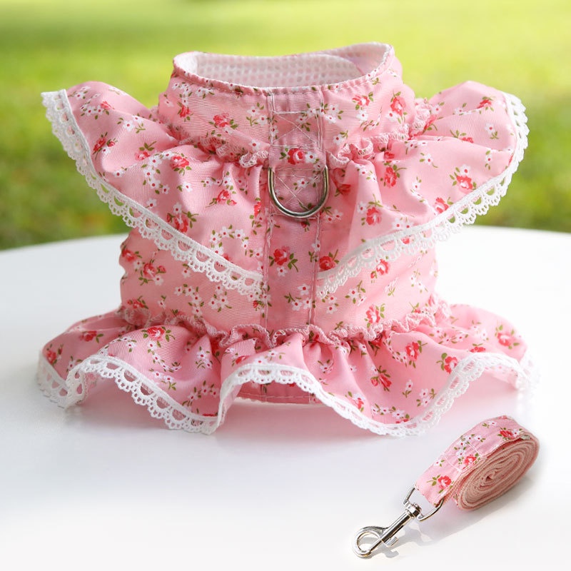 Pink Polka Dot and Lace Dog Dress Set - with Leash, Medium