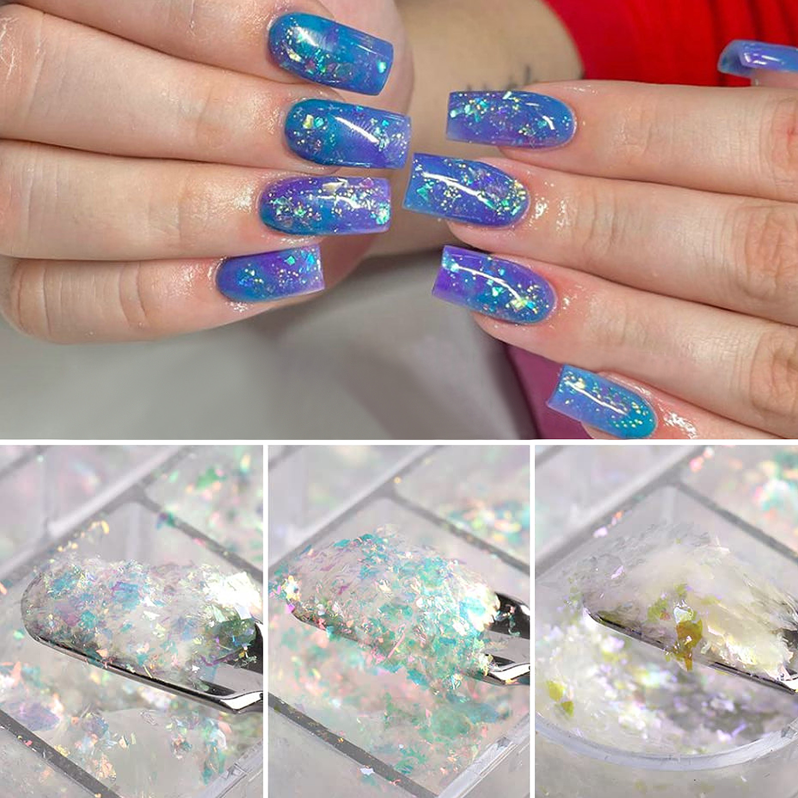 Holographic Nail Art Glitter Iridescent Flakes Nail Foil 12 Grids Mermaid  Bright Colorful Star Gradient Ice Slag Nail Sequins Paillettes Summer Nail