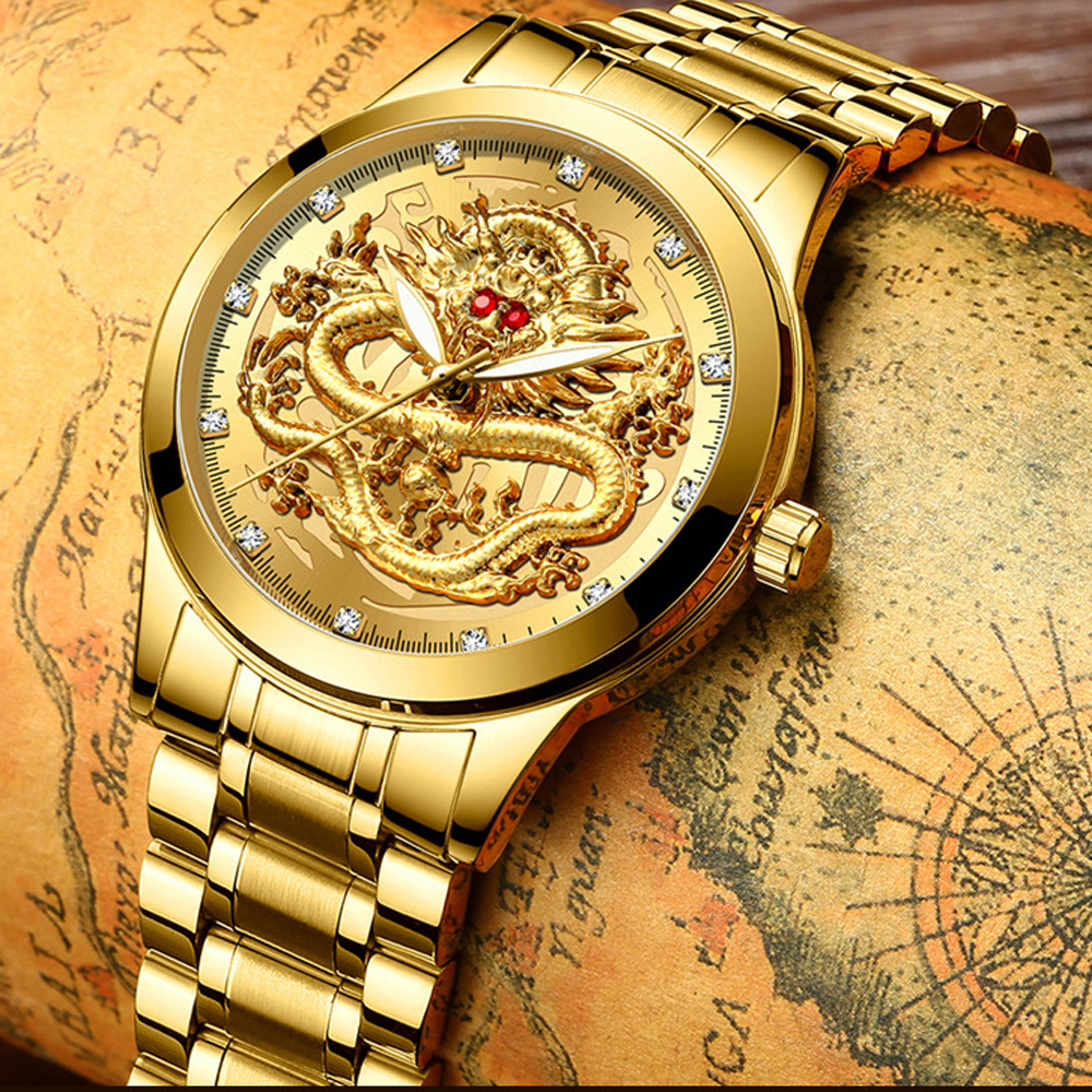 Relojes de oro para hombre, diseño de dragón de lujo, acero inoxidable,  cuarzo