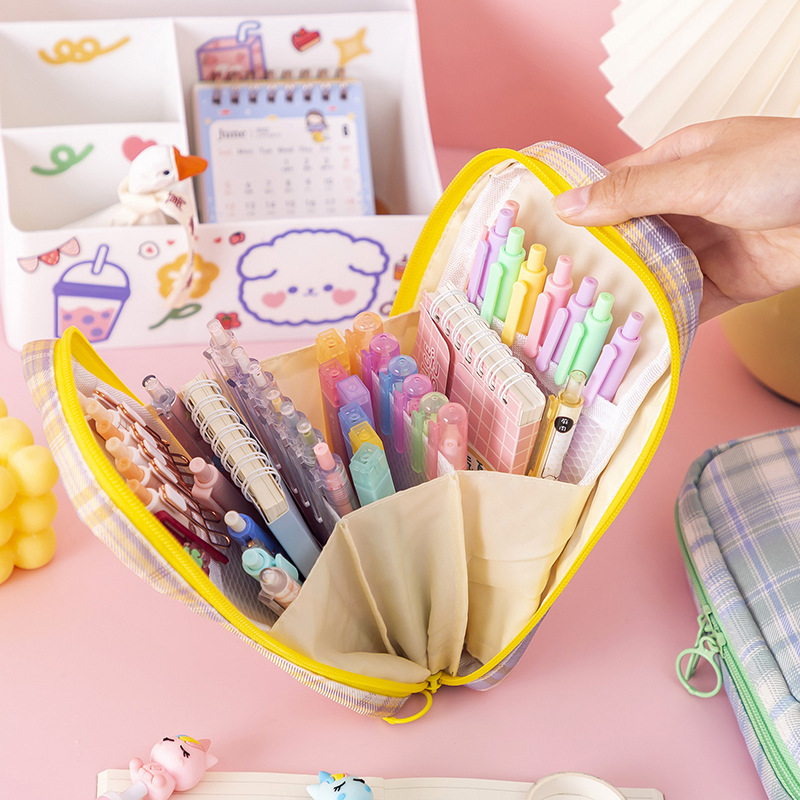 Super Cute Kawaii Pencil Case Aesthetic Canvas Grid Bag For - Temu