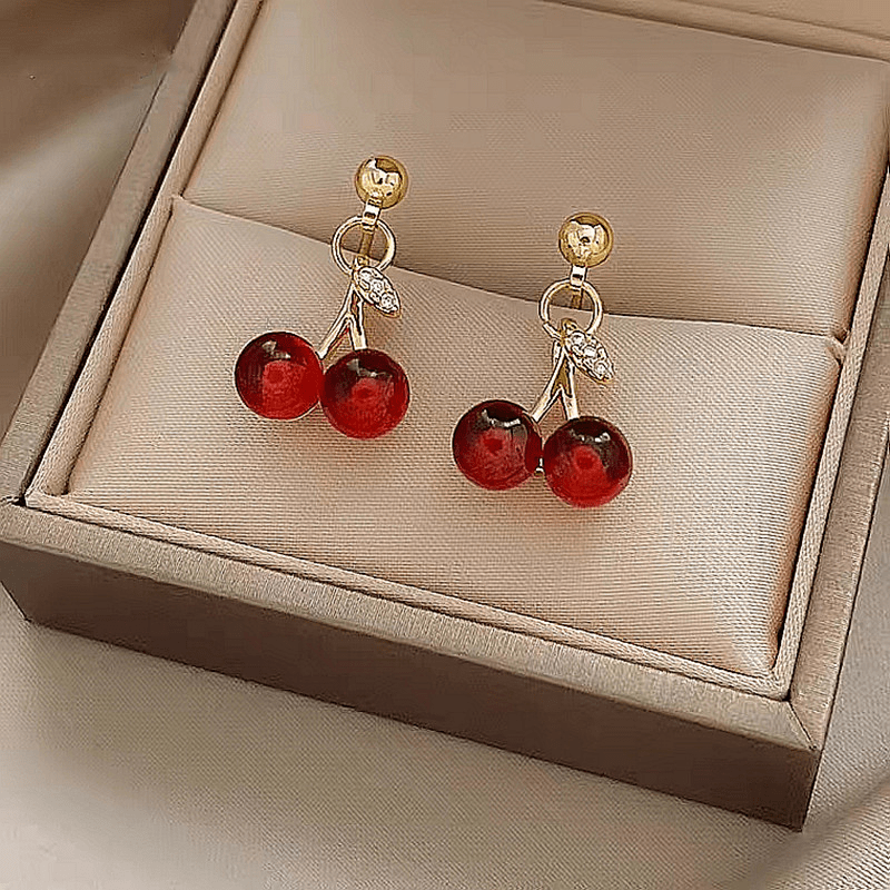 1pair cute red cherry stud earrings girls daily accessories graduation birthday jewelry gift red 5