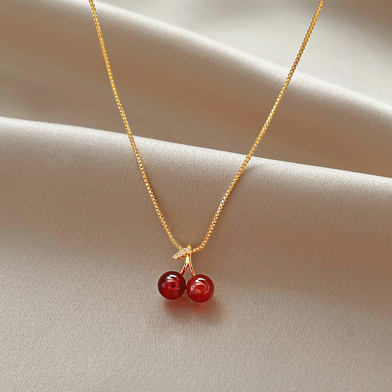 1pc golden red cherries pendant chain necklace for girls zirconia choker necklaces jewelry gifts details 0