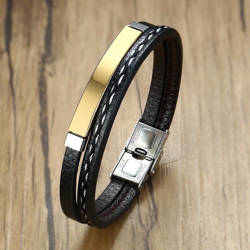 Double Layer Men Name Bracelet - Black Leather