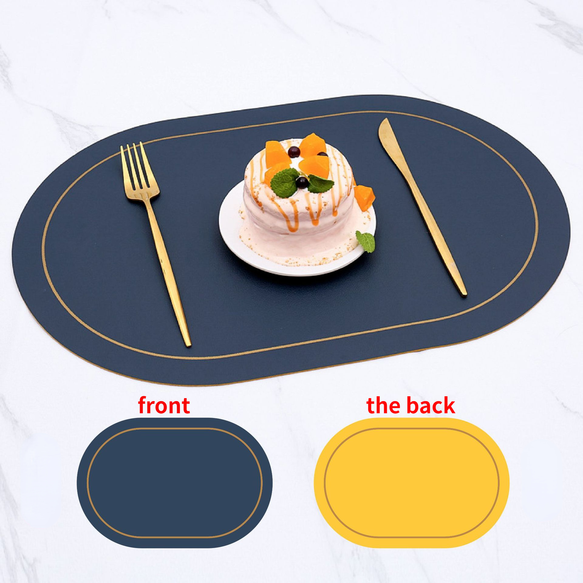 Oval Table Mats Set of 6, Faux Leather Placemats, Heat Resistant &  Waterproof(Navy/Grey)