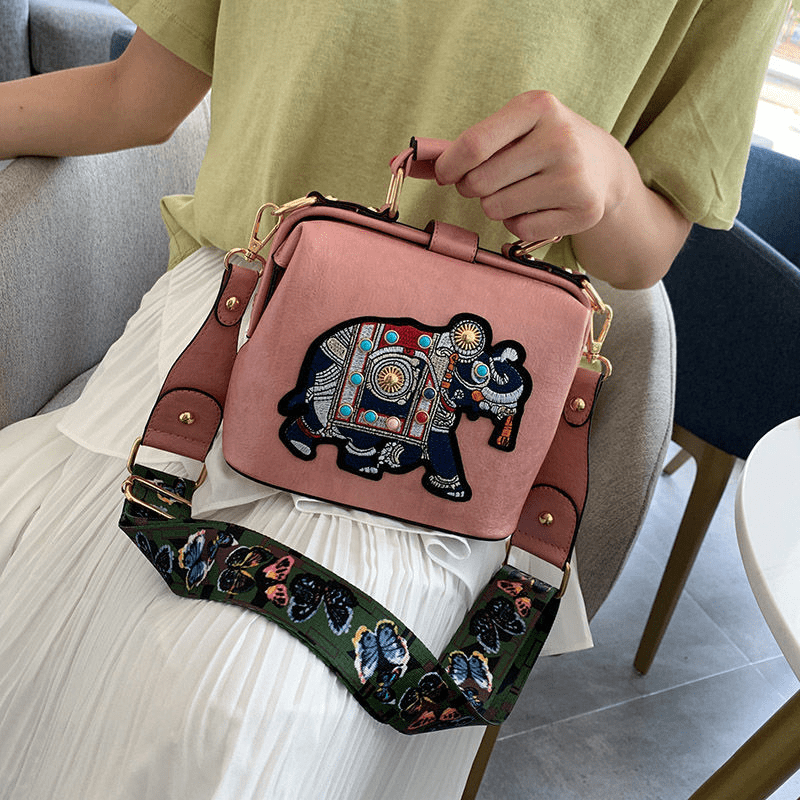 Mini Elephant Embroidered Wide Strap Crossbody Bag Pu Temu