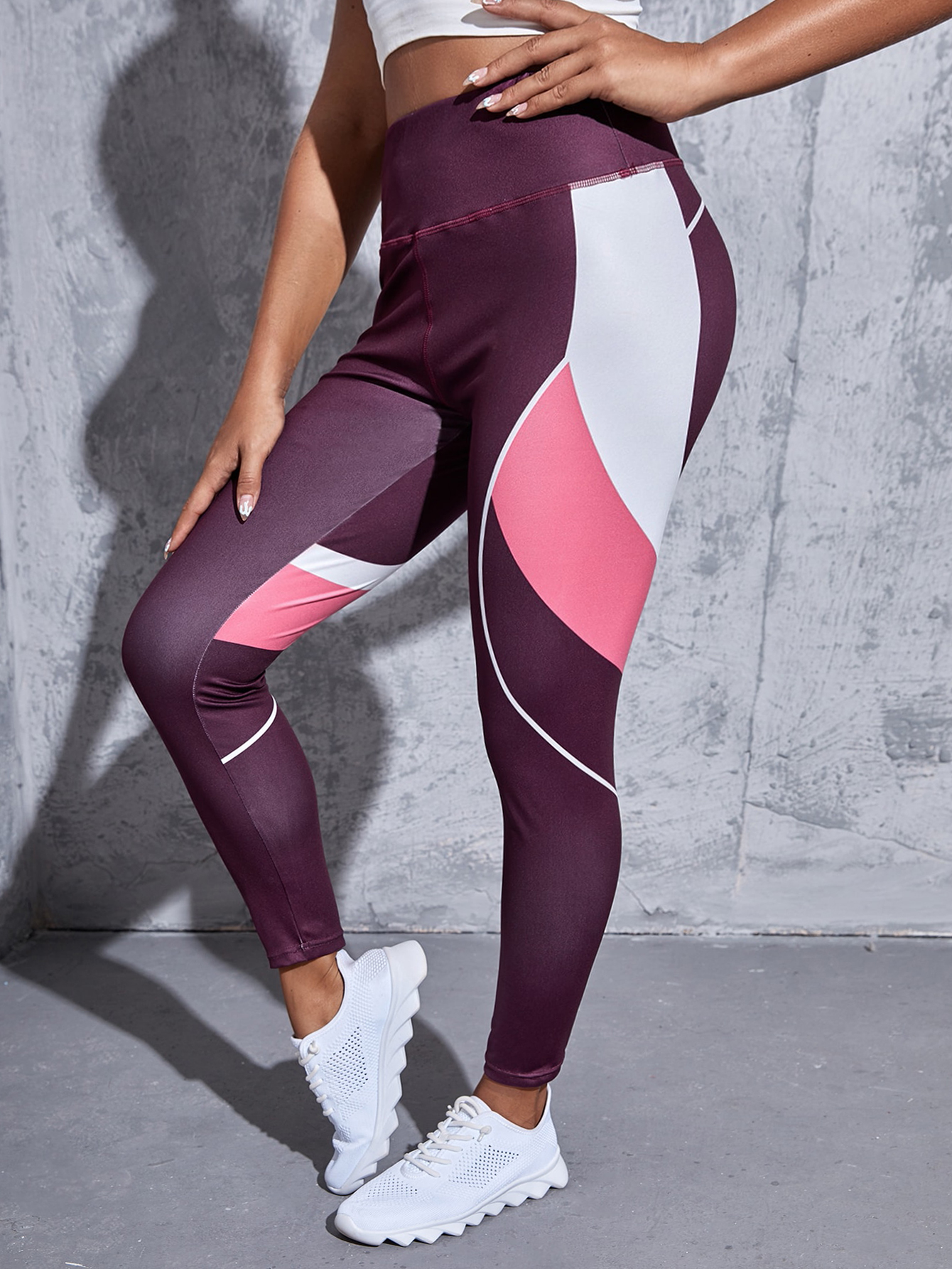 Plus Size Sports Leggings, Women's Plus Colorblock Stripe Print Wide Band  Waist High Rise Medium Stretch Skinny Fitness Leggings