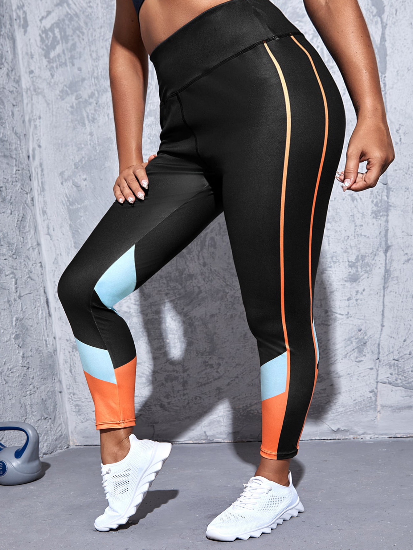 Plus Size Sports Leggings, Women's Plus Colorblock Geometric Print Wide  Band Waist High * Medium Stretch Skinny Fitness Leggings