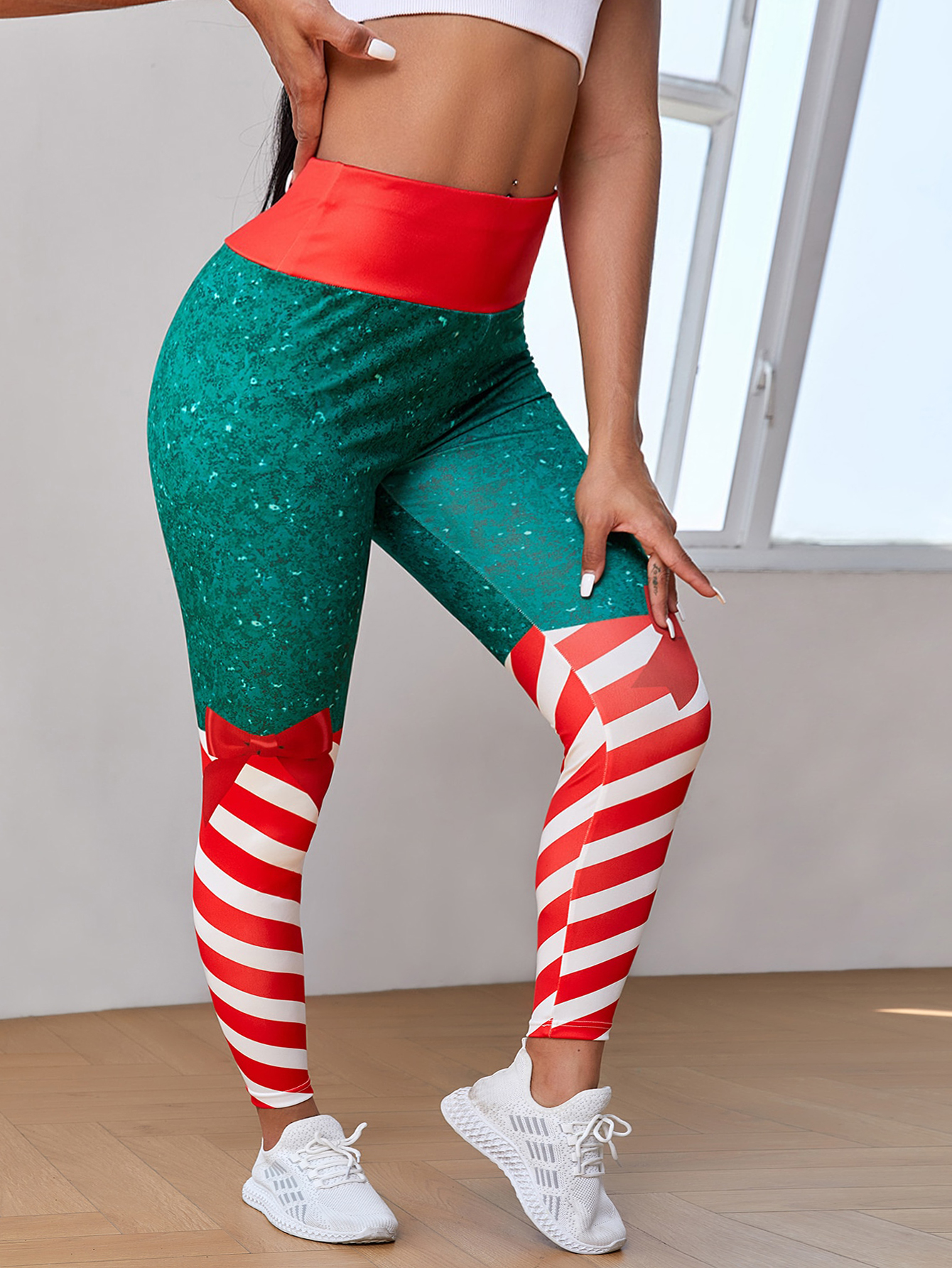 Christmas Color Block Print Running Yoga Leggings High Waist - Temu Belgium