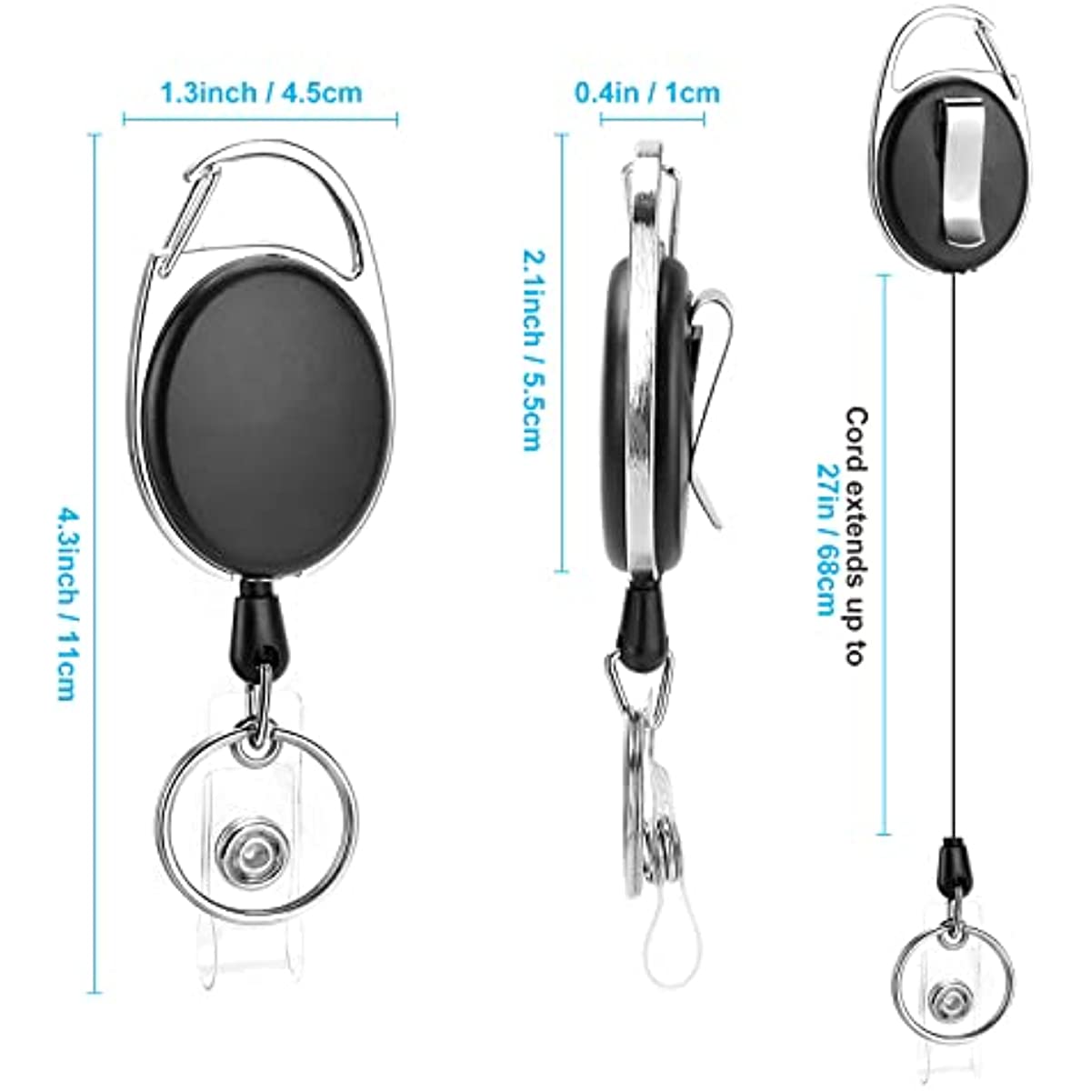 3Pcs Retractable Badge Holder Carabiner Reel Clip On ID Card