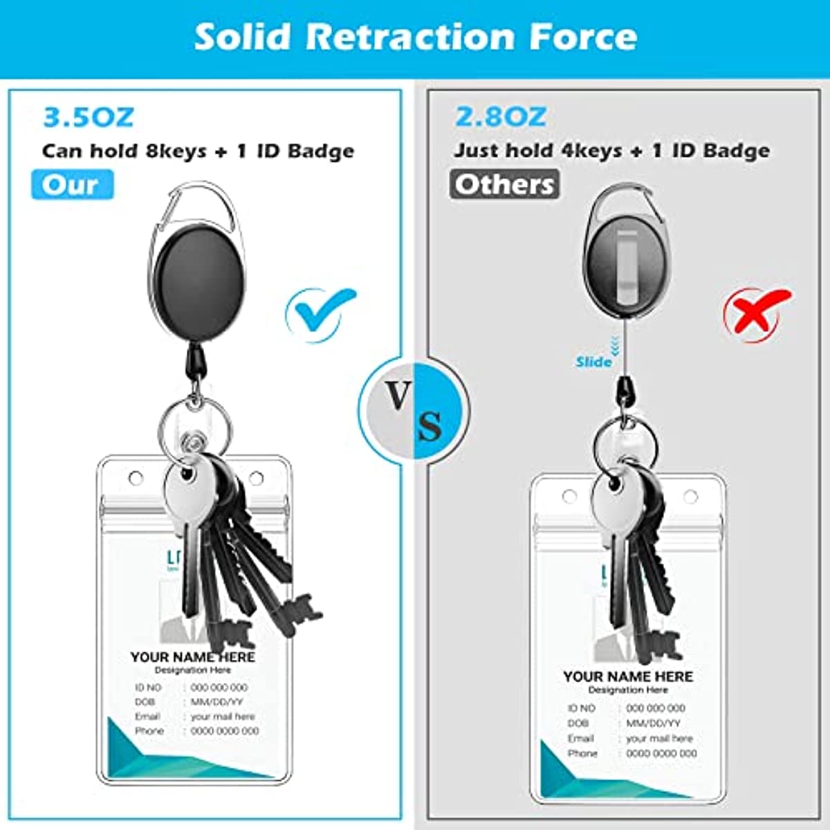 20 Pack Retractable Badge Holder with Carabiner Reel Clip, Bulk ID Card Key  Holder with Ring, Heavy Duty Black Key Chain Extender for Office Work